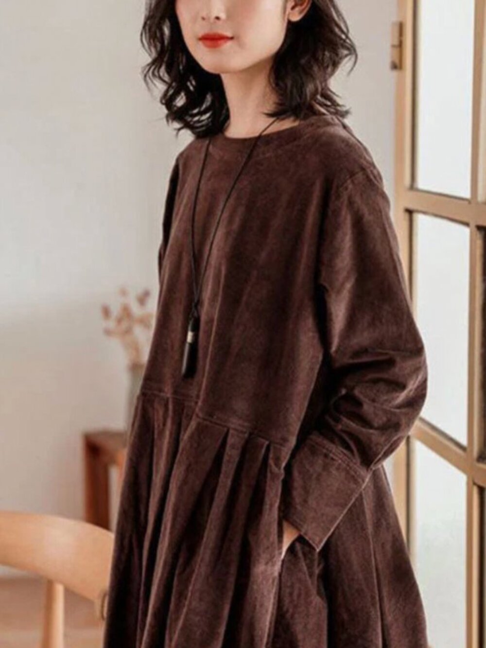 Soolinen Corduroy Dress Pockets Button Patchwork Fall Dress Long Sleeve L Brown